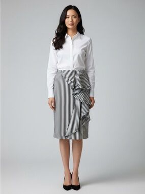 Banana Republic Black and White Striped Ruffle Midi Skirt